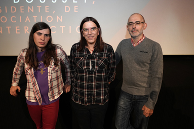 Cloé Morisset, porte-parole,  Pauline Dousset, co-présidente de l'association Trans Inter Action et Stéphane Corbin, activiste LGBT.